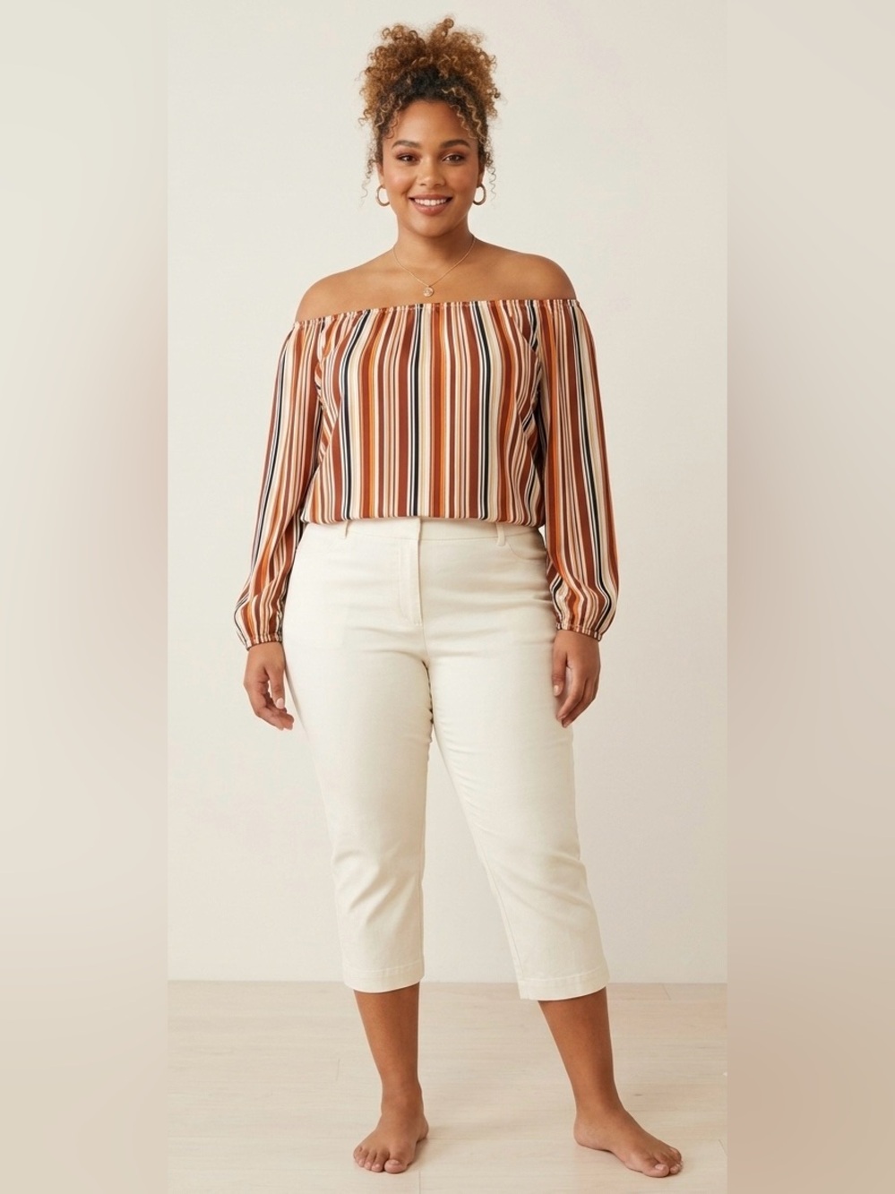SHEIN CURVE Off-shoulder Multicolored Striped Balloon Sleeve Blouse (LCC)